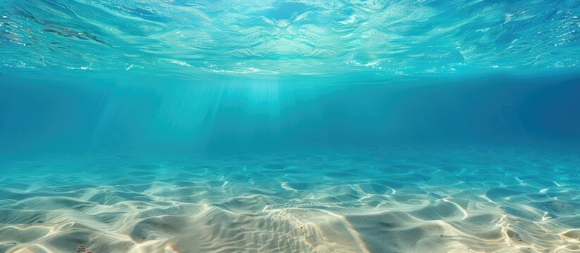 Blue Ocean Water Wave: A Wide Underwater Scenic View of Sandy Sea Bottom with Isolated Swimming Pool