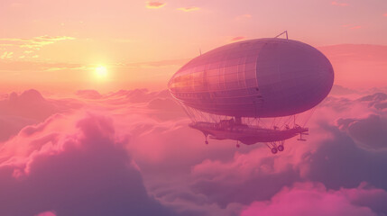 Airship against the background of a pink sunset sky. Flying high above