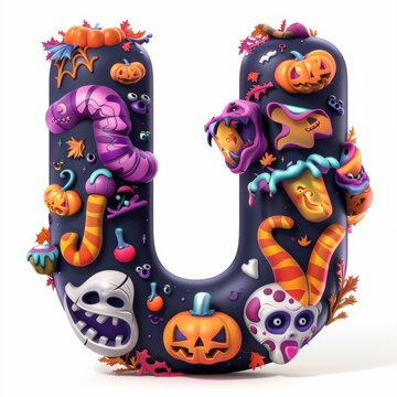 Halloween letter U with pumpkins and ghost. Autumn Halloween letter U with pumpkins. 