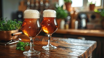 A pair of frothy beers served on a wooden kitchen table, with green herbs adding a fresh domestic feel