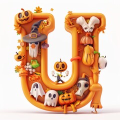 Halloween letter U with pumpkins and ghost. Autumn Halloween letter U with pumpkins. 