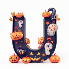 Fototapeta premium Halloween letter U with pumpkins and ghost. Autumn Halloween letter U with pumpkins. 