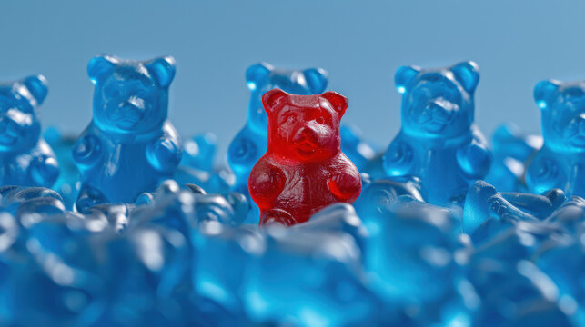 Red gummy bear standing out among blue gummy bears. Themes of individuality and uniqueness, diversity, equity, inclusion, and belonging.