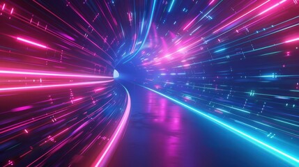 A tunnel with neon lights and a pink and blue color scheme. The tunnel is long and winding, with a sense of movement and energy.