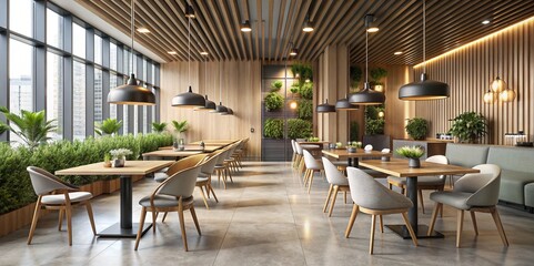 Fototapeta premium Modern Minimalist Restaurant Interior with Wooden Furnishings and Greenery