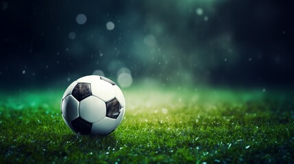 Fototapeta premium Soccer ball on a grassy field during a misty, rainy night