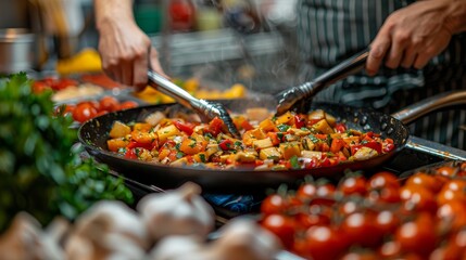 Obraz premium A close-up shot capturing the vibrant colors and steam of fresh vegetables being cooked in a sauté pan