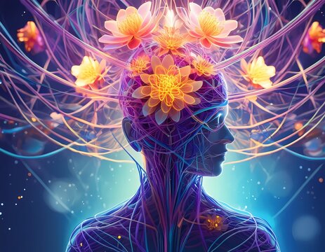 Mental Health Head and flowerr garden on it. Concept illustration.  generative AI image