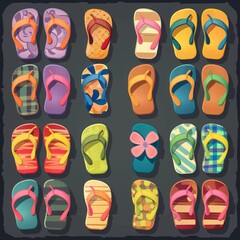 Fototapeta premium Cartoon summer and spring footwear. Modern female shoes, heels, sneakers and flats. Casual fashion shoes flat vector illustration set. Generative AI