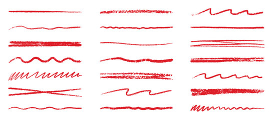 Chalk lines, charcoal highlight strokes doodle set. Pencil underlines, kids crayon strips, brush line in sketch style. Grunge texture. Hand drawn vector illustration isolated on white background