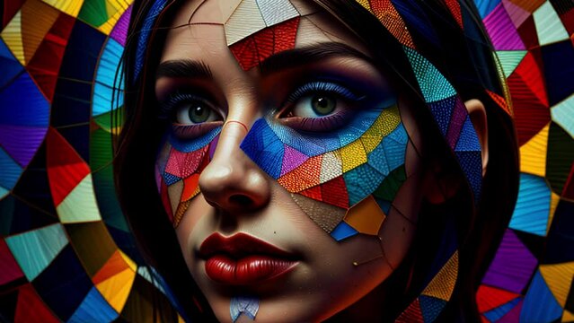 Woman with abstract painting face and stained glass background. Seamless loop.