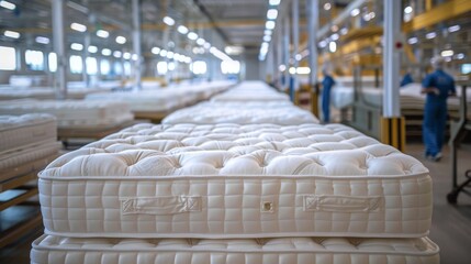 Row upon row of premium mattresses neatly lined up in a large factory showcasing scale and order