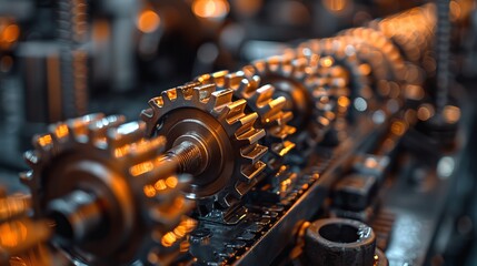 Focused image of a gear shaft with cogs and other machinery parts in a manufacturing or industrial setting