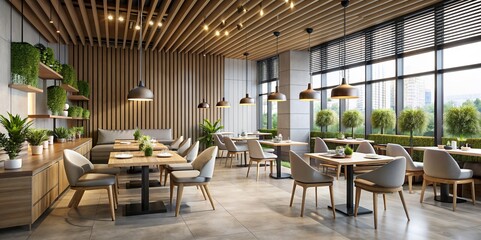 Fototapeta premium Modern Minimalist Restaurant Interior with Wooden Furnishings and Greenery