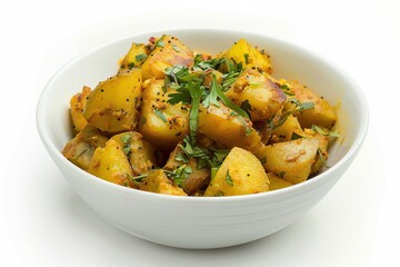 Spicy Aloo Gobi with Potatoes and Cauliflower Isolated on White Background