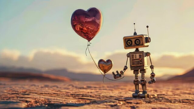 A robot holding a red heart balloon in a field. The robot is holding the balloon in its right hand and the heart is in its left hand. The scene is peaceful and serene