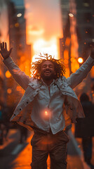 Obraz premium A joyful man with outstretched arms, celebrating in a city street during sunset. Ideal for themes related to happiness, urban lifestyle, and positive energy.