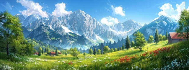Fototapeta premium A Serene Mountain Landscape with a Touch of Color