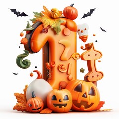 Fototapeta premium Halloween number 1 with pumpkins and ghost. Autumn Halloween number 1 with pumpkins.