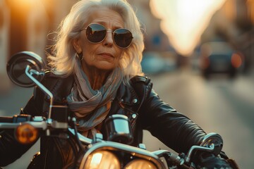 A woman riding on the back of a motorcycle down a street
