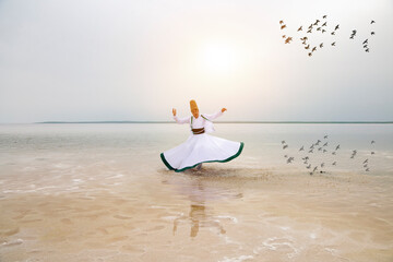 Sunset and whirling at the sea, sufi. sufi whirling (Turkish: Semazen) is a form of Sama or physically active meditation which originated among Sufis.