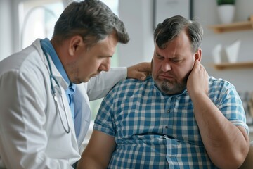Fototapeta premium A doctor offers a supportive hand to an overweight patient while they discuss test results
