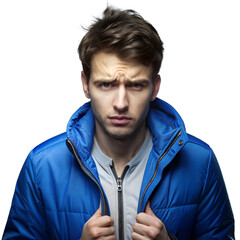 Obraz premium Young Man Wearing Blue Puffer Jacket With Zippered Collar on Transparent Background
