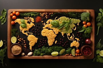 Diverse range of global cuisines. Top view of world map made of food ingredients and vegetables.