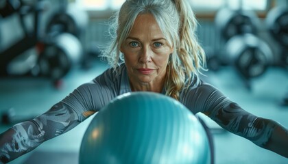 A middle-aged woman focused on exercising with a stability ball in a gym, demonstrating strength and determination.