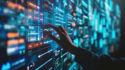 Big data technology and data science with person touching data flowing on virtual screen. Business analytics, artificial intelligence, machine learning. Engineer or scientist analyzing stream of data