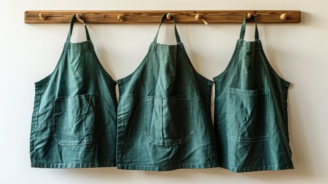 Three identical green aprons hanging on wooden hooks against a white wall - Powered by Adobe