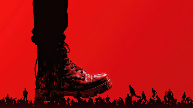 Dominance and Oppression: giant boot crushing silhouetted crowd against a stark red background.