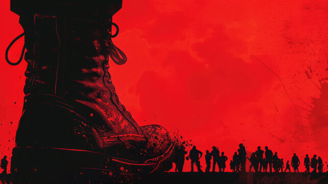 Dominance and Oppression: giant boot crushing silhouetted crowd against a stark red background.