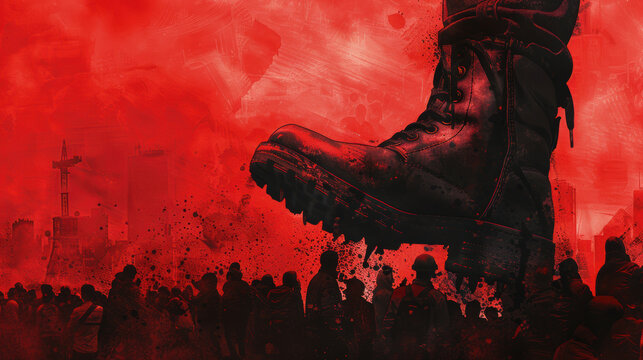 Dominance and Oppression: giant boot crushing silhouetted crowd against a stark red background.