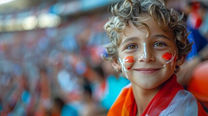 Smiling boy with sports face paint shows support at an outdoor event