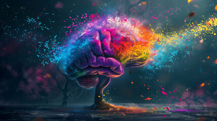 an artistic representation of a human brain transitioning into a tree-like structure. The brain is depicted with vibrant, multi-colored splashes emanating from it
