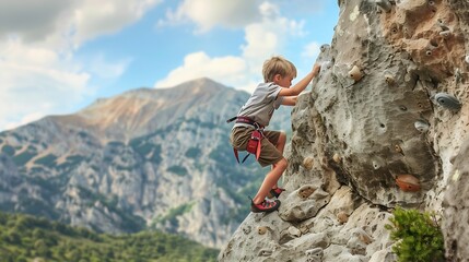Fototapeta premium The child is climbing on a natural terrain A boy climbs a rock on a background of mountains Extreme hobby Athletic kid trains to be strong Rock climbing safety : Generative AI