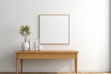 thin a4 sized frame mockup on a drawer leaning against a bedroom wall, reflections of windows, tilted side view, angle shot 
