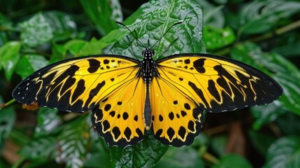 Obraz premium Golden Birdwing Butterfly with Yellow Body and Black Dots on Leaf