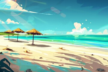 Naklejka premium Bright sunny tropical beach with thatched umbrellas and clear blue sky