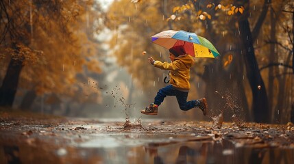 Child playing in autumn rain Kid jumping in muddy puddle in beautiful park Little boy with colorful umbrella under heavy fall shower Stormy rainy weather fun : Generative AI
