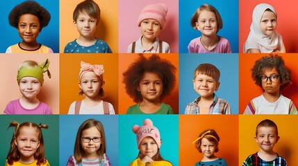 Many different children on color background International Childhood Cancer Day : Generative AI