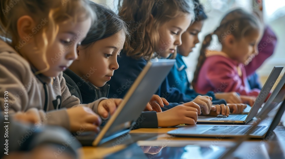 Aufkleber Group of TechSavvy Primary School Children Working on Their Laptop and Tablet Computers in Class Young Female Teacher Educating Kids on Internet Safety Basic Programming Languages and  : Generative AI