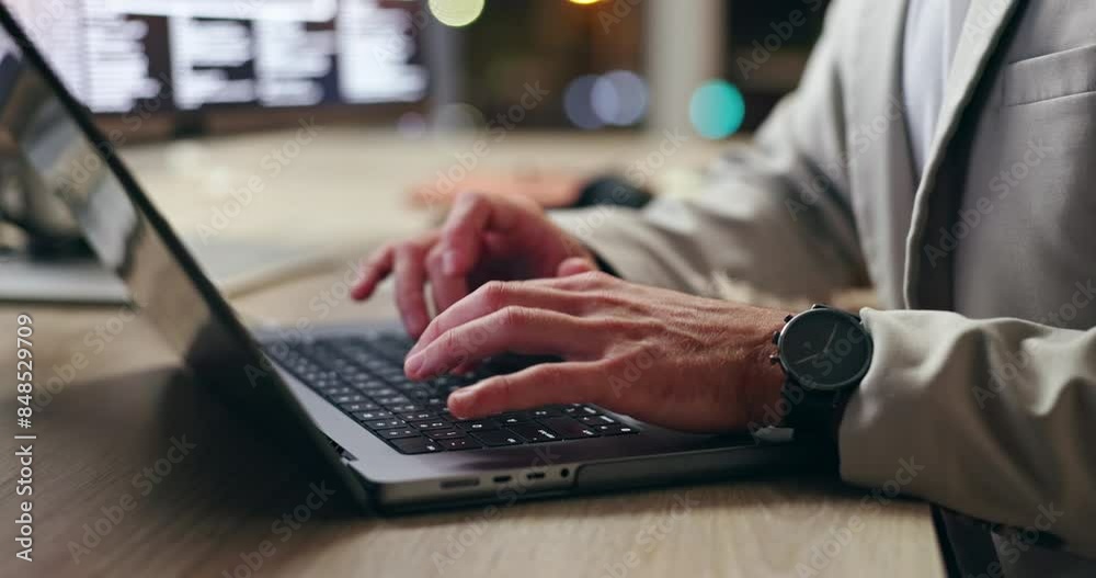 Poster Laptop, night and hands typing code, software and business person research for project deadline in office. Computer, keyboard or professional programmer writing info for cybersecurity network closeup