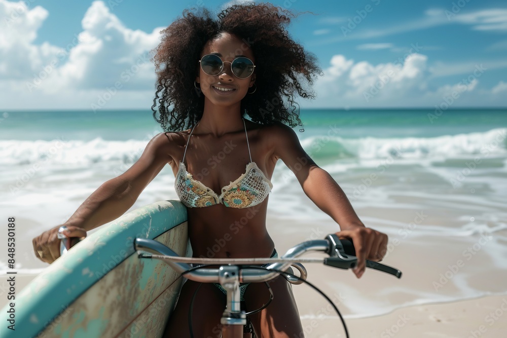 Wall mural Front view of African american woman with surfboard sitting on bicycle at beach in the sunshine - Wall murals