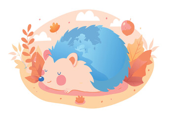 Illustration of a cute hedgehog resting in autumn scenery