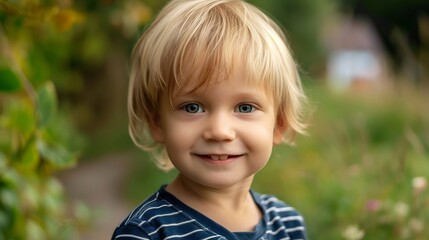 Candid blond little boy child outside : Generative AI