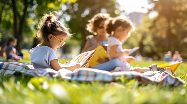 Kids play outdoor in sunny summer garden Child reading book on a blanket in beautiful park Picnic with children Fun activity for summer vacation with baby : Generative AI