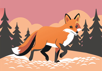 Obraz premium Illustration of a fox in a winter forest with pink sky