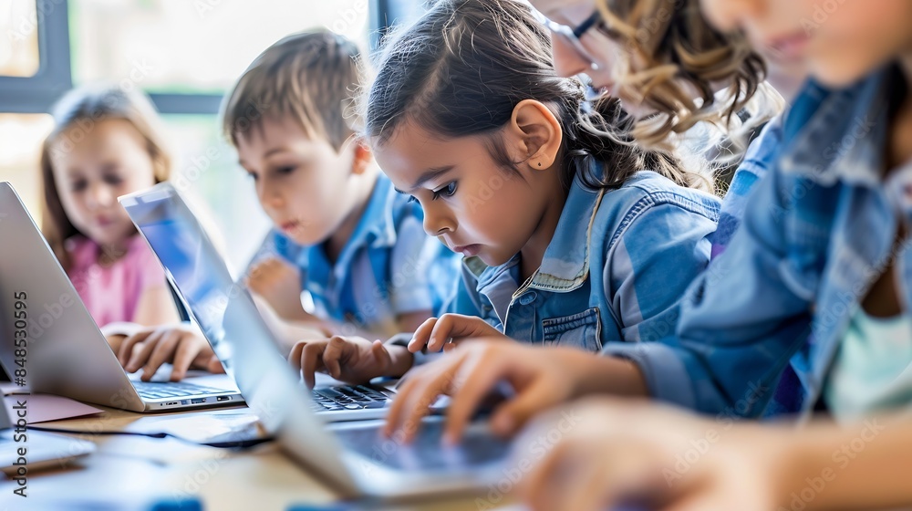 Poster Group of TechSavvy Primary School Children Working on Their Laptop and Tablet Computers in Class Young Female Teacher Educating Kids on Internet Safety Basic Programming Languages and  : Generative AI